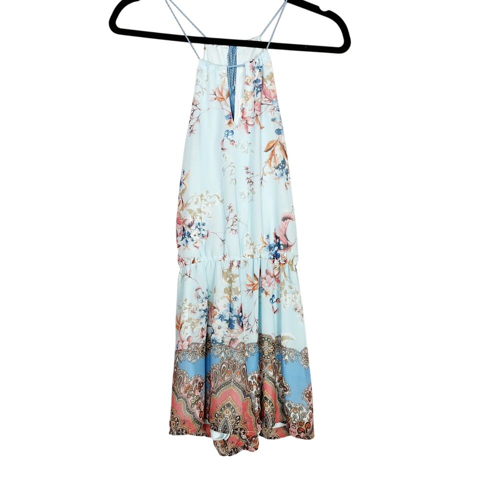 Francescas Blue Rain XSmall XS Cailene Floral Romper Blue  Halter Tie Neck